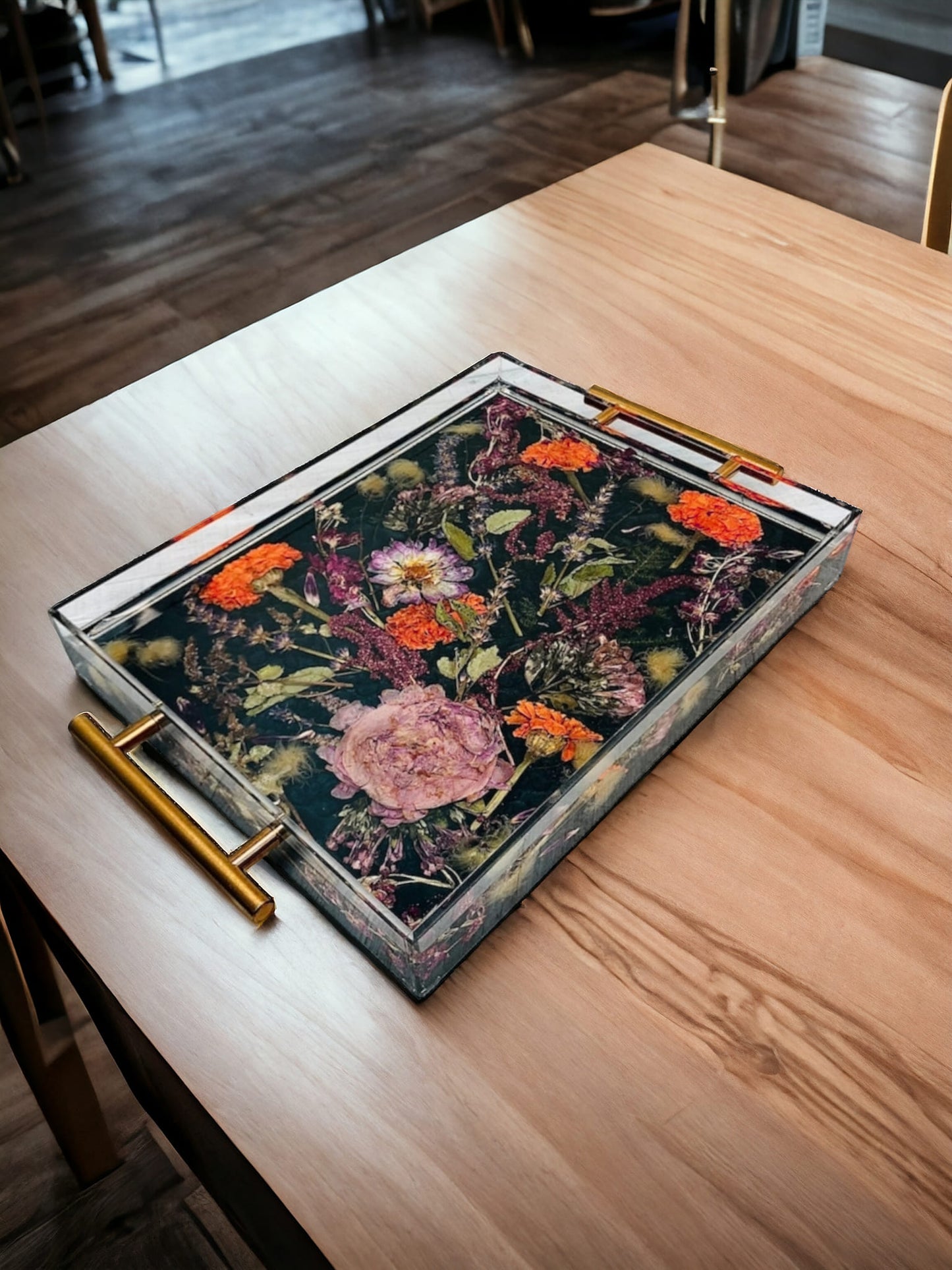 Floral Preservation Rectangle Tray with Gold Handles
